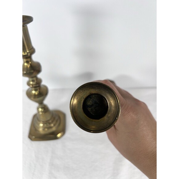 Pair of early 1800s Brass English Beehive Candlesticks, Stamped with‎ Reg # - Picture 2 of 16